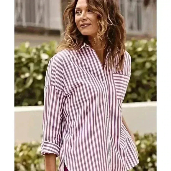 JJILL - Wearever Stepped-Hem Button-Front Shirt -Mulberry/White Womens Size S - Picture 1 of 12